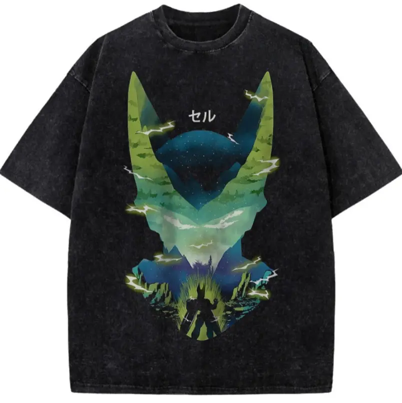 Cell Shirt, Dragon Shirt, Anime Shirt, Vintage Cell Graphic T-Shirt – DBZ Villain Anime Tee, Perfect Cell Silhouette Cosmic Design Vintage Washed Black Streetwear Unisex Shirt Cotton Casual