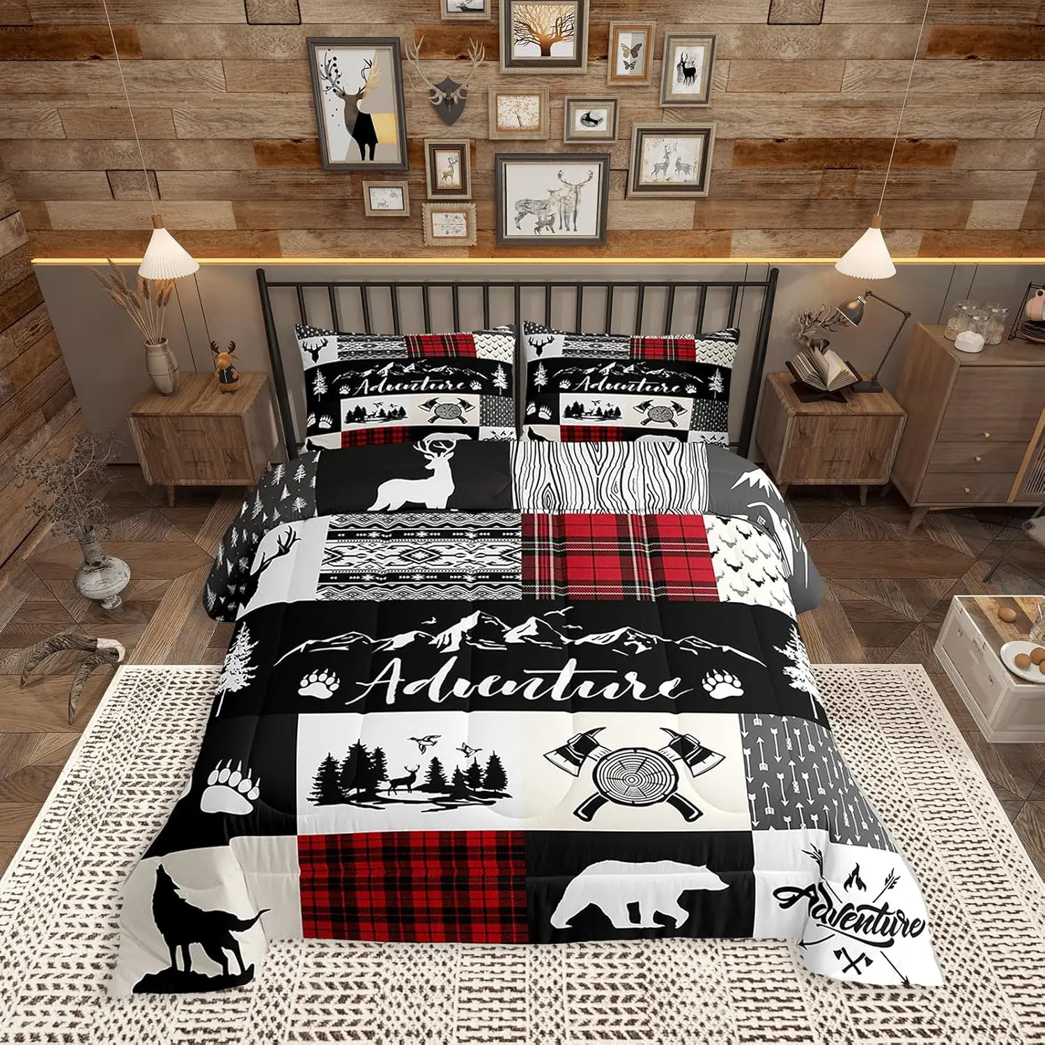 Bear Deer Comforter Set,Hunt Arrow Adventure Wildlife Patchwork Bedding Set Men,Red Check Boho Aztec Cabin Decor Quilted Duvet Set