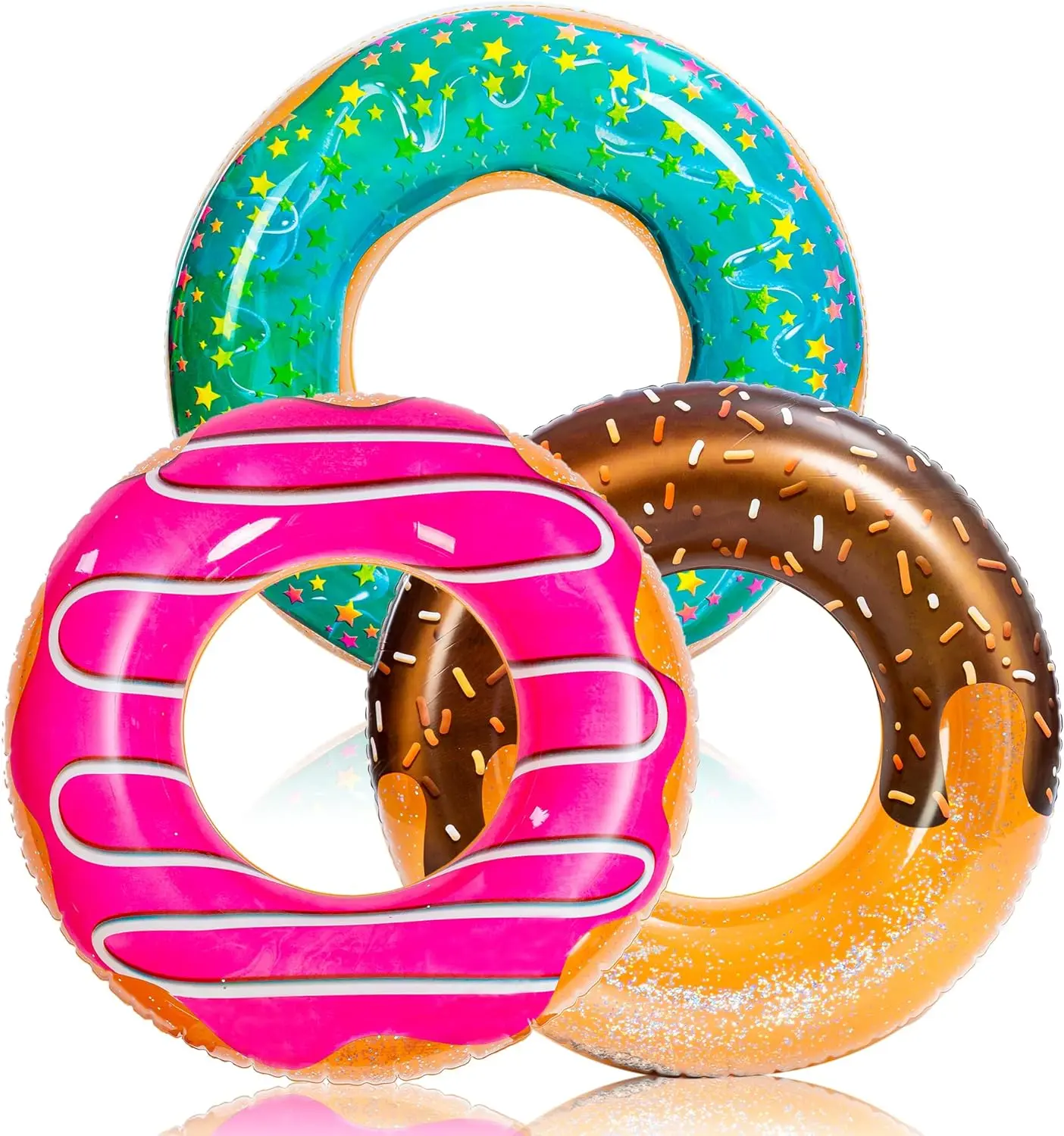Glowing Donut Pool Float Set – 3 Pack of Glitter-Filled Fun!  Perfect for Pool Parties and Summer Vibes - Inflatable Floating Water Lounger