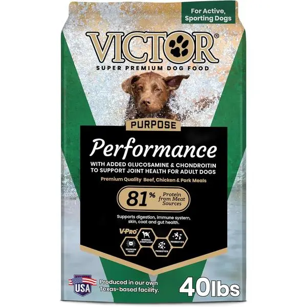 VICTOR Super Premium Dog Food – Performance Dry Dog Food from Beef, Chicken and Pork Meal – 26% Protein for Active Adult Dogs – Includes Glucosamine and Chondroitin for Hip and Joint Health, 5lbs