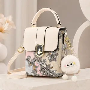 Women’s Mini Top Handle Crossbody Bag, Small Square PU Leather Purse with Floral Paisley Print, Turn-Lock Closure, Detachable Strap and Pom Charm