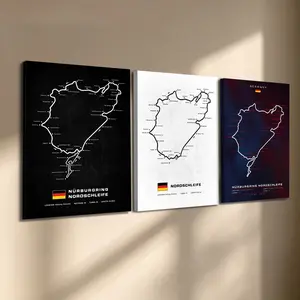 3 Pcs/Set Wooden-Framed Canvas Painting, German Race Track Map Triptych Canvas Wall Art, Minimalist Outline Print for Living Room, Bedroom, Office Decoration, Modern Home Decor, Fashion Artistic Ornaments, Artwork