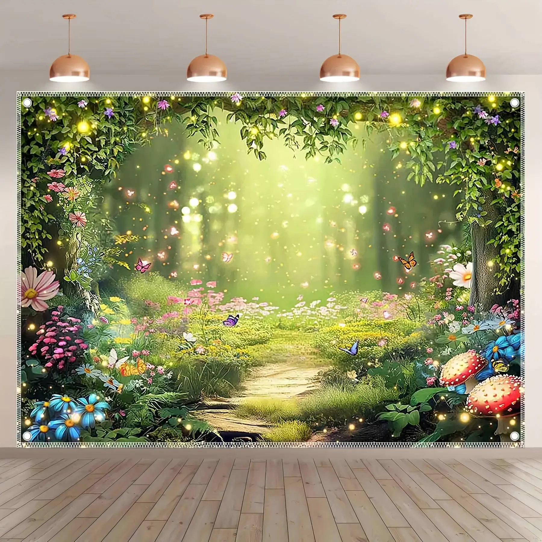 Spring Fairy Magic Forest Polyester Photography Backdrop, Butterfly Pathway Background, Wildflower Meadow Party Decor, Indoor Outdoor Studio Props