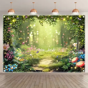 Spring Fairy Magic Forest Polyester Photography Backdrop, Butterfly Pathway Background, Wildflower Meadow Party Decor, Indoor Outdoor Studio Props