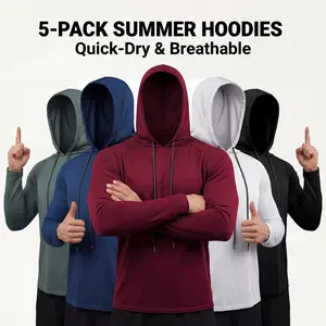 【5 Packs】 Men's Hooded Workwear Solid Color Sun Protection Fishing Shirts with Face Mask - Long Sleeve UV Protection Hoodie Athletic Sports Clothing Athletic Apparel