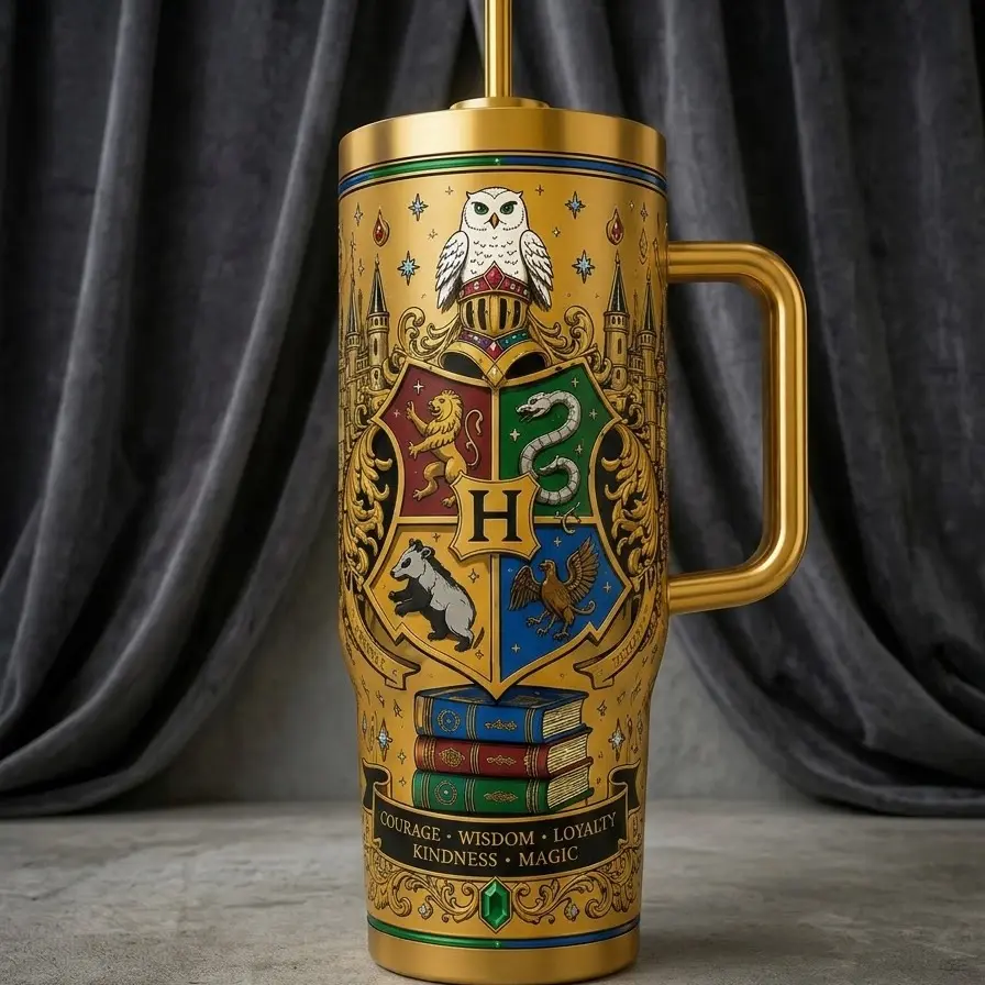 25th Anniversary Wizard School Inspired 40oz Tumbler, Wizarding Legacy 40oz Tumbler, Magical Crest Fantasy Travel Mug with Handle & Straw, Wizard School Inspired Cup, Collector Gift for Magic Fans