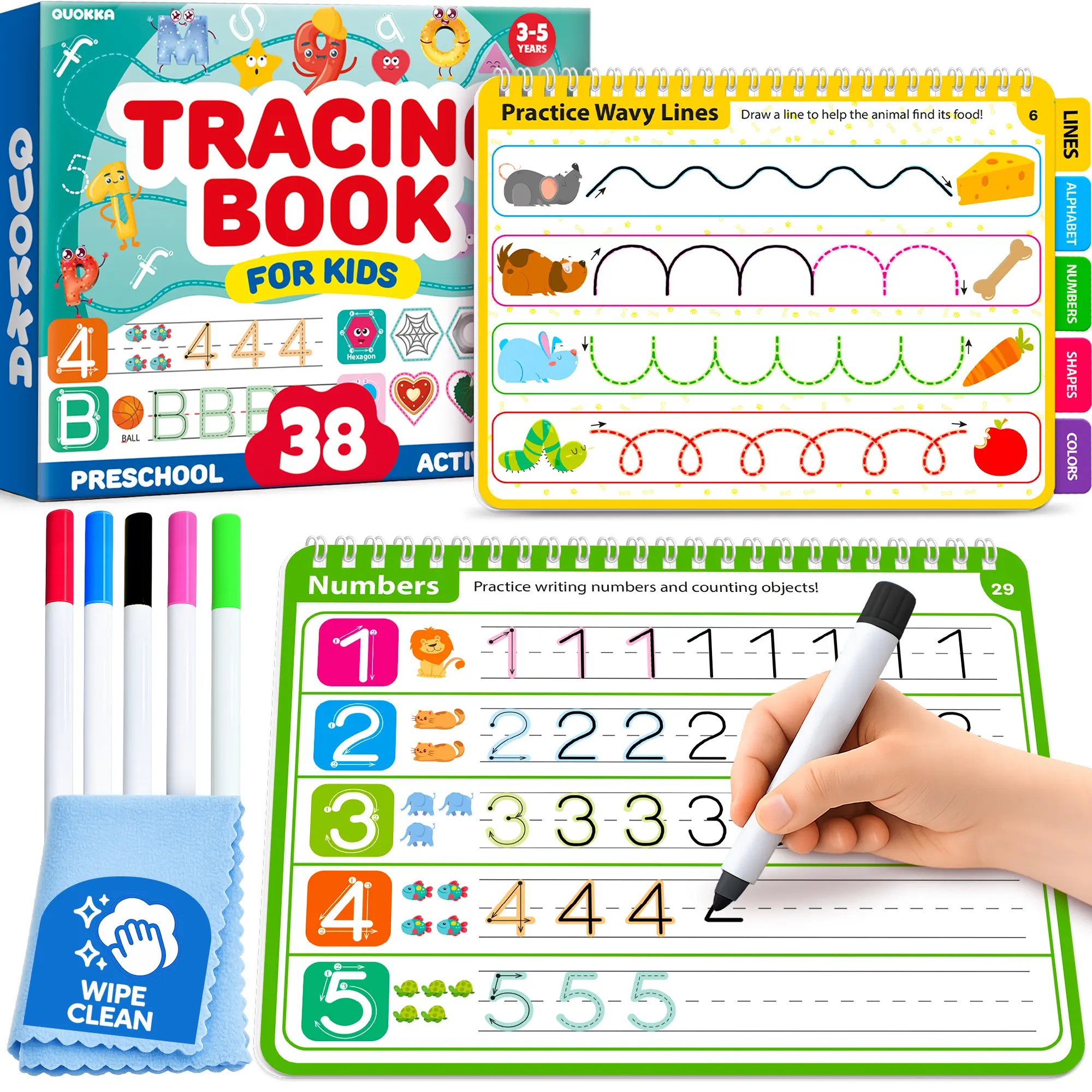 QUOKKA Unisex Reusable Tracing Book Learning Activity Set - Preschool Alphabet Learning Tool, No-Prep 11x8 Inches Kit, 35+ Wipe-Clean Pages, 5 Dry Erase Markers, Hand Control Building for 3-5 Years School Supplies, Preschool Alphabet Tool