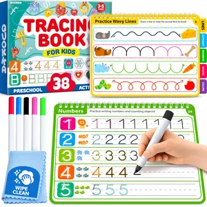 QUOKKA Reusable Tracing Books for Kids Ages 3-5 - Dry Erase Activity Workbook with 35+ Wipe-Clean Pages & 5 Markers for Writing Practice