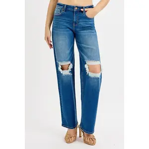 RISEN Full Size Mid Waist Fit Boyfriend Knee Distressed Jeans Plus Size