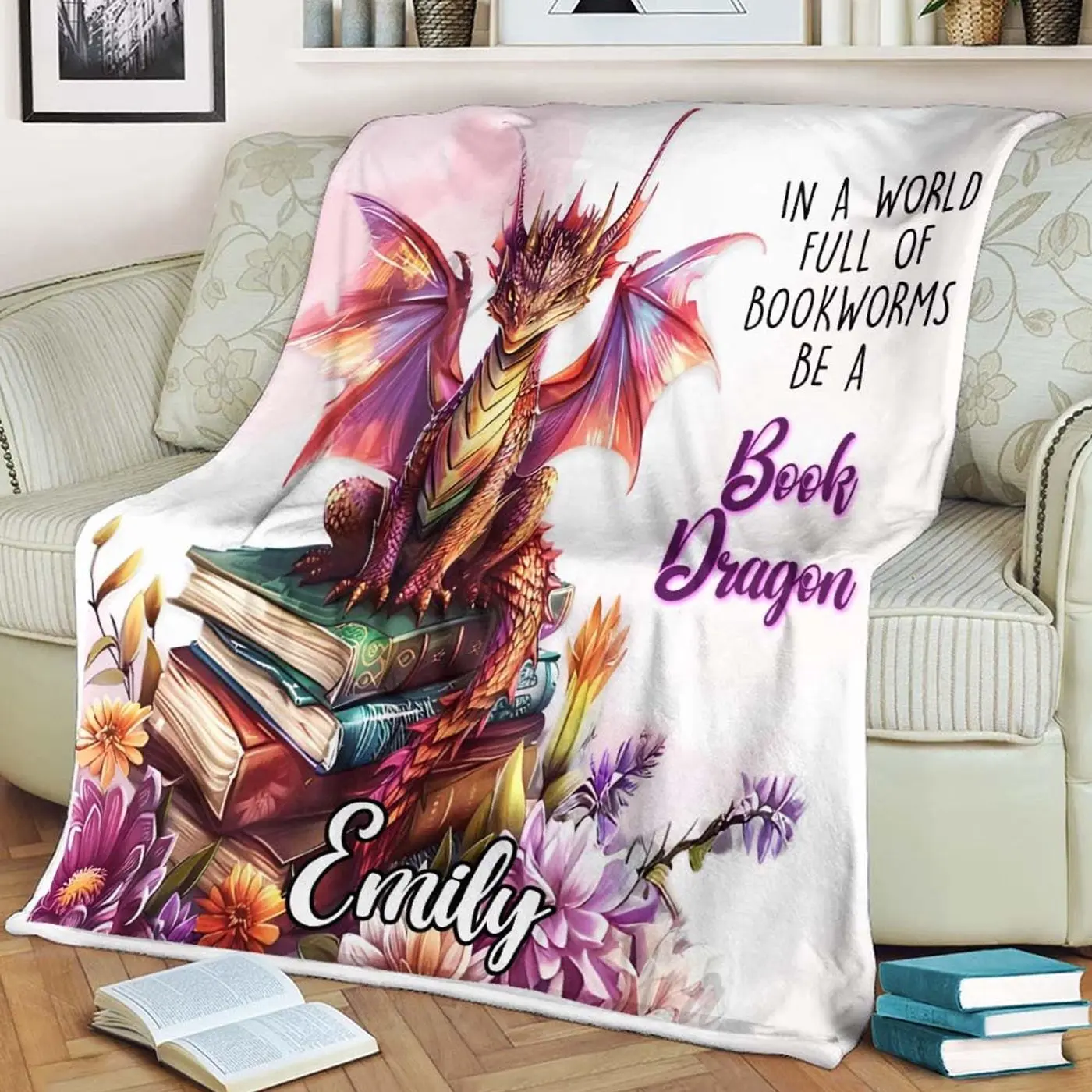 Custom Book Dragon PREMIUM Fleece Blanket - Personalized Book Lover s Mink Sherpa Blanket