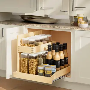 2-Tier Wooden Expandable Drawer Organizer Rack - 100lb Capacity Pull-Out Slide Drawer, Steel-Enhanced Under Sink & Cabinet Storage, Easy Installation for Kitchen, Bathroom