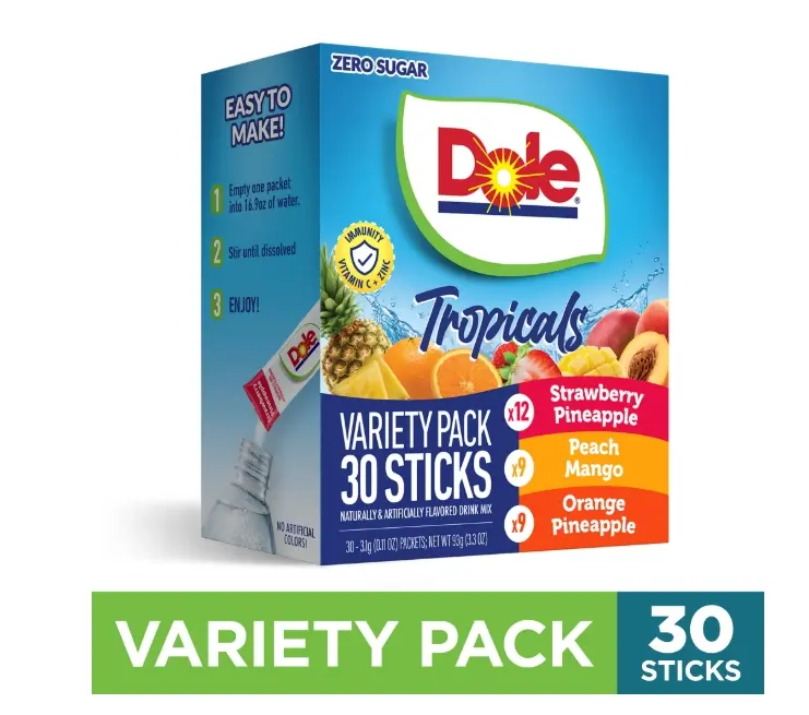 Dole Sugar-Free Powder Drink Mix Variety Pack, Tropical Splash, Peach Mango & Strawberry Pineapple, 30 Single-Serve Drink Mix Packets, Low-Calorie Water Enhancer, On-the-Go Beverage Mix