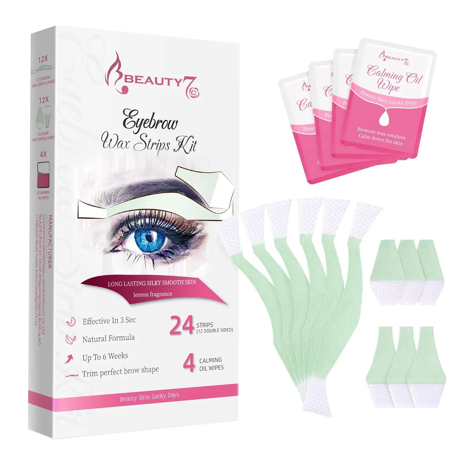 Beauty7 Facial Wax Strips Kit for Hair Removal - Eyebrow Wax Strips at Home - 24 Strip, 4 Calming Oil Wipes for Sensitive All Skin Types for Women