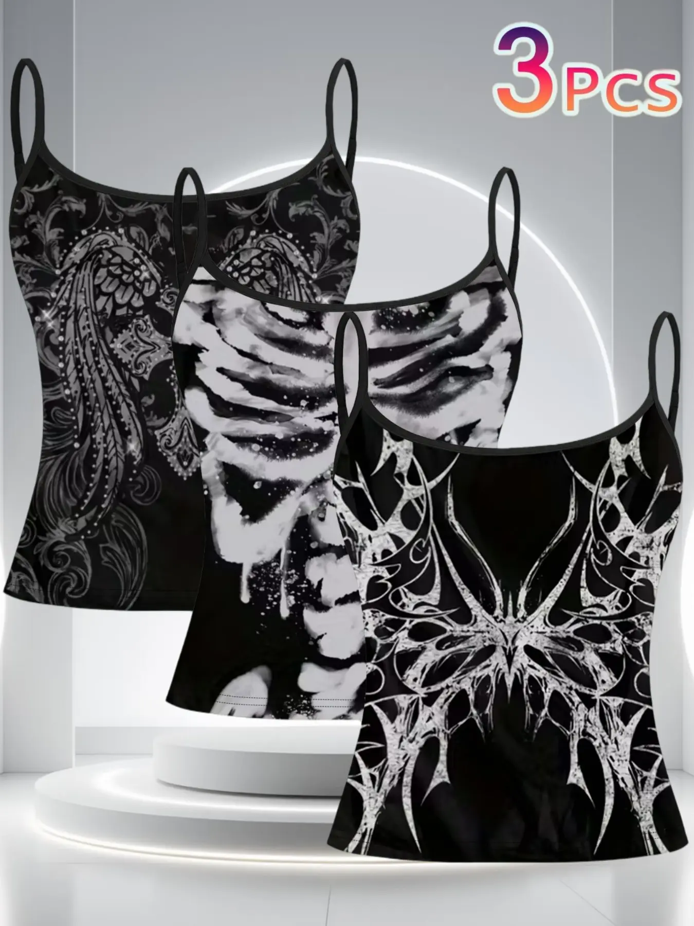 Dark Angel Wings Print Strapless Fitted Tank Top, Gothic Punk Grunge Aesthetic Slim Fit Short Sleeveless Shirt, Three-Piece Set, Casual All-Over Print, Underwear, Womenswear