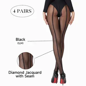 4-Pack Women’s Sheer Patterned Tights – Back Seam & Diamond Fishnet Design, Black One Size, High Stretch Pantyhose for Everyday Wear