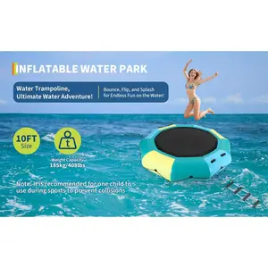 Inflatable Water Trampoline, 10FT 15FT, Floating Water Trampoline for Adults for Lake Pool Ocean, w/ 4-Step Rope Ladder/Mooring Ropes/Infatable Nozzles/Reversible Air Pump/ Anchor Bags