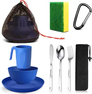 1Set Mess Kit with Mesh Bag Reusable Light Weight Eating Utensils Plastic Camping Cutlery Set for Travel Camp