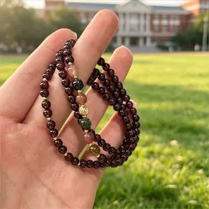 4mm Garnet Beaded Triple Wrap Stretch Bracelet 30cm, Natural Red Garnet Love Vitality Protection Crystal Jewelry Birthday Graduation Gift