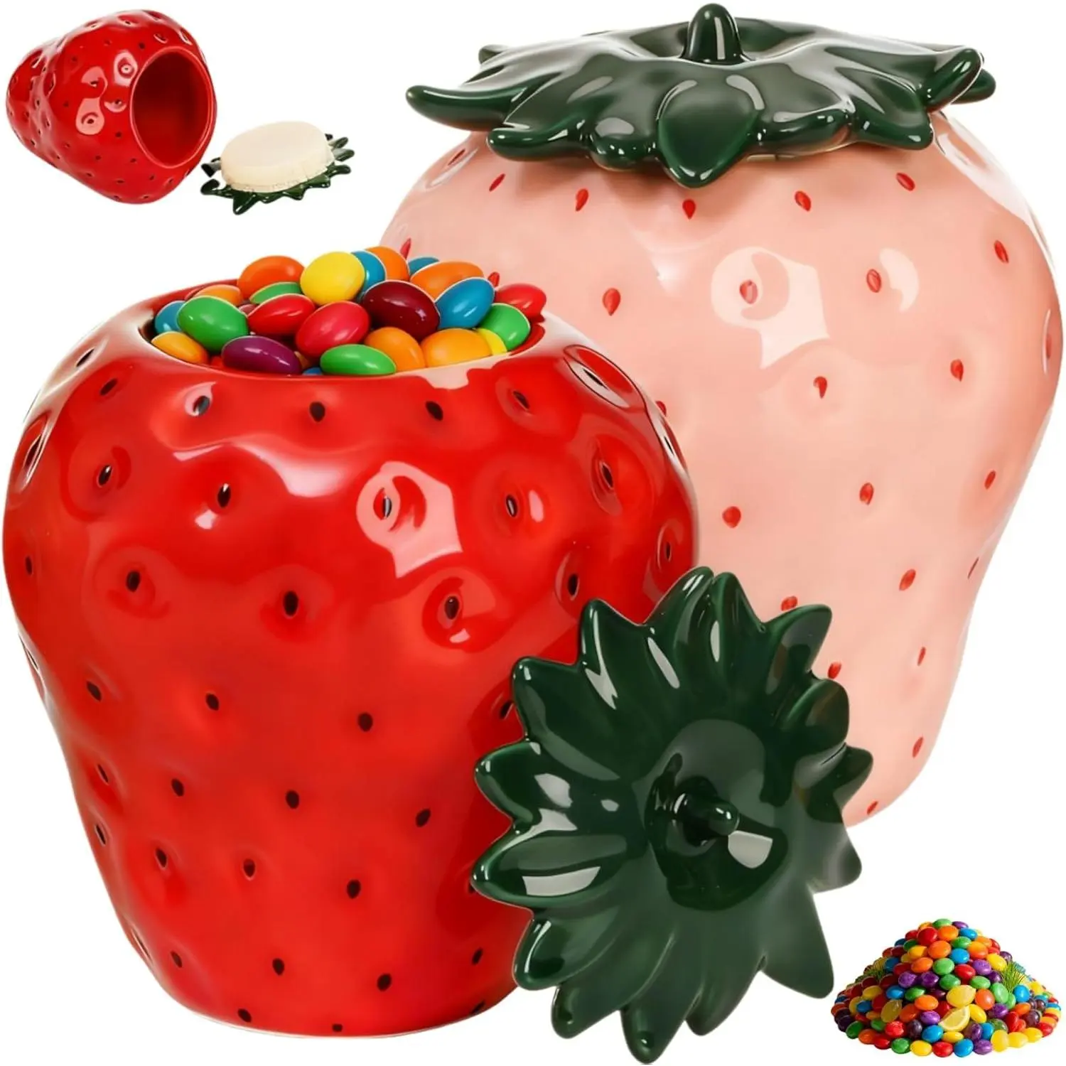 Cute Strawberry Ceramic Canisters, 14oz Airtight Storage Jar Set Pack of 2, Farmhouse Kitchen Decor for Sugar, Coffee Beans, and Tea