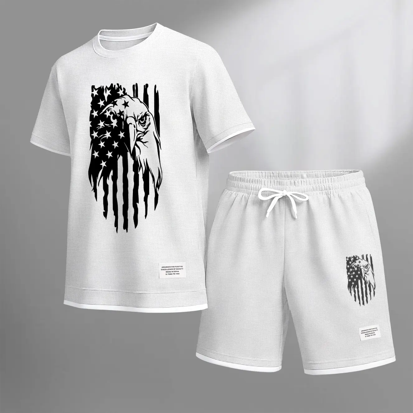 Men's American Eagle Print Waffle Fabric Short-Sleeved Shirt And Shorts Set Casual Menswear