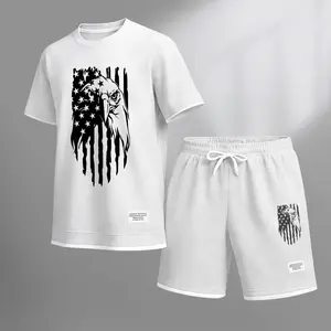 Men's American Eagle Print Waffle Fabric Short-Sleeved Shirt And Shorts Set