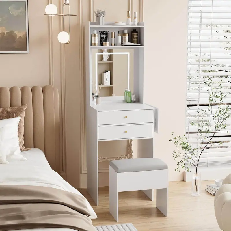 Small Vanity Desk Set with 3 Adjustable Lighted Mirror and Storage Chair IF018,  MDF panels