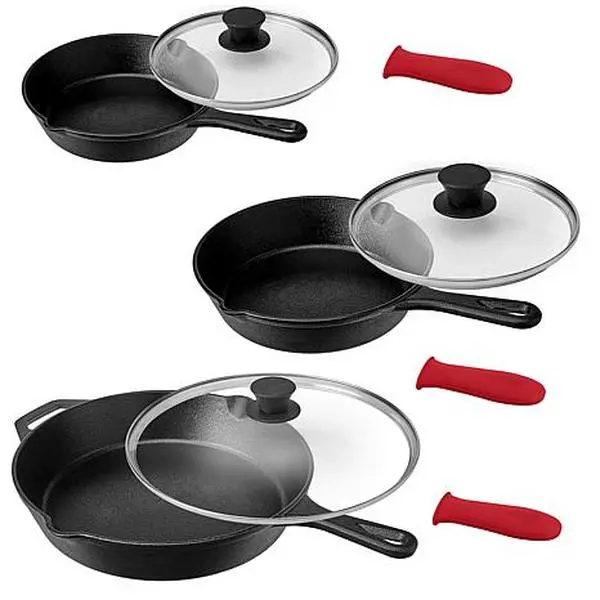 MegaChef PreSeasoned 9-Pc CastIron Skillet Set w Lids & SiliconeHolder MegaChef PreSeasoned 9-Pc CastIron Skillet Set w Lids & SiliconeHolder