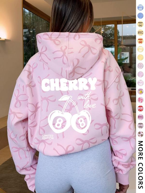 Women's Hooded Sweatshirt with Bow Print, Long Sleeve Fitted Casual Top, Spring & Fall Fashion, Perfect Gift for Valentine's Day