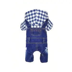 Dog Denim Jumpsuit Spring Overalls For Dogs, Plaid Shirts Jeans Pants Suit One-Piece Small Dogs Clothes Yorkie Pet Apparel