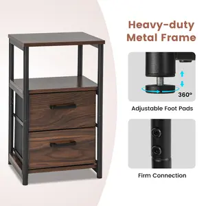 COSTWAY - Bedside Table Set of 2 with Removable Fabric Drawers and Metal Frame-Walnut