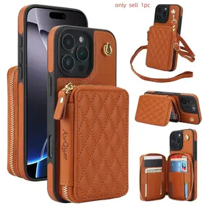 Leather Phone Case for IPhone 17 16 15 14 Plus 13 12 11 Pro Max  Crossbody Wrist Strap Zipper Wallet with Card Holder Cover