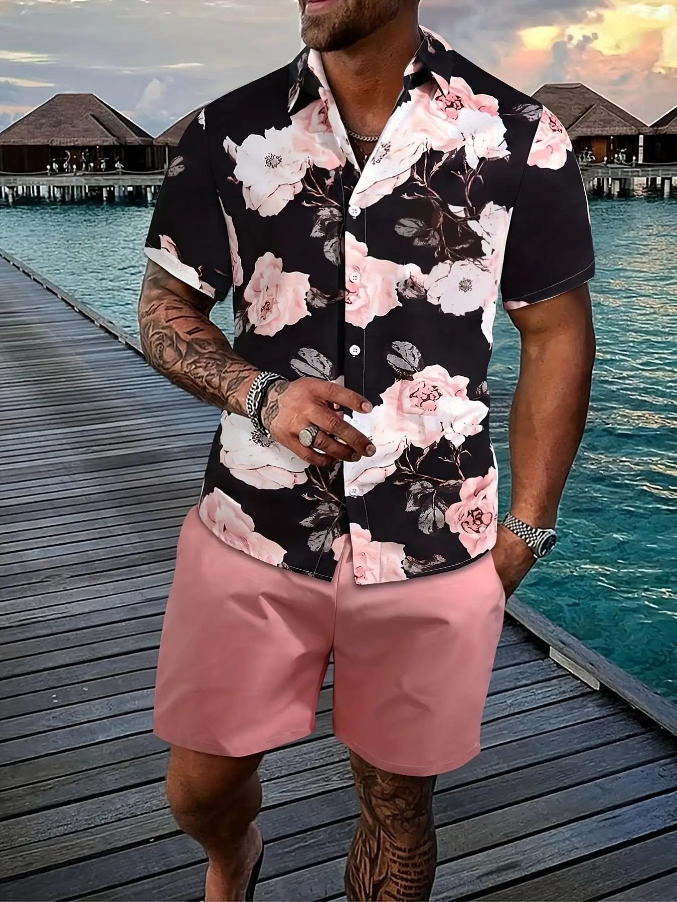 Two-piece Set Men's Floral Print Button Front Shirt & Drawstring Waist Shorts Set, Regular Fit Short Sleeve Collar Top & Pocket Shorts for Beach Vacat