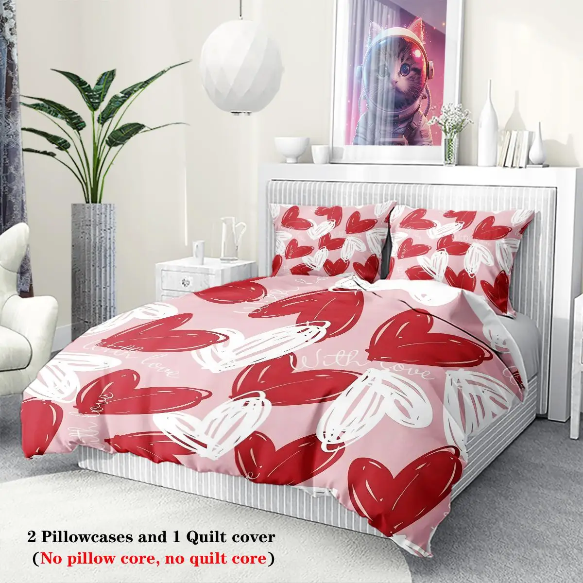 Valentine's Day Heart Pattern Duvet Cover Set, 3 Counts/set Including 1 Duvet Cover & 2 Pillowcase without Filler, Soft Comfortable Bedding Set for Ho