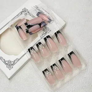 (Nail Black Pink Butterfly) Long Length Long Water Pipe Fake Nails Square Had Nail Tips False Nail Girl (24 PCS)