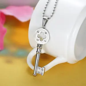 Clover Lucky Key Stainless Steel Necklace with Zircon Hollow Design