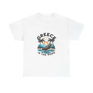 Greek Skeleton Beach Chair T-shirt, Greece is the Word Tee, Unisex Heavy Cotton Shirt, Summer Vacation Top, Mediterranean Holiday Clothing,