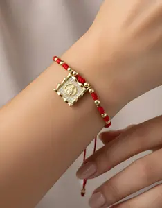 Adjustable Red Thread Bracelet with Knots and Religious Scapular Style Charm in Brass with 18k Gold Plating