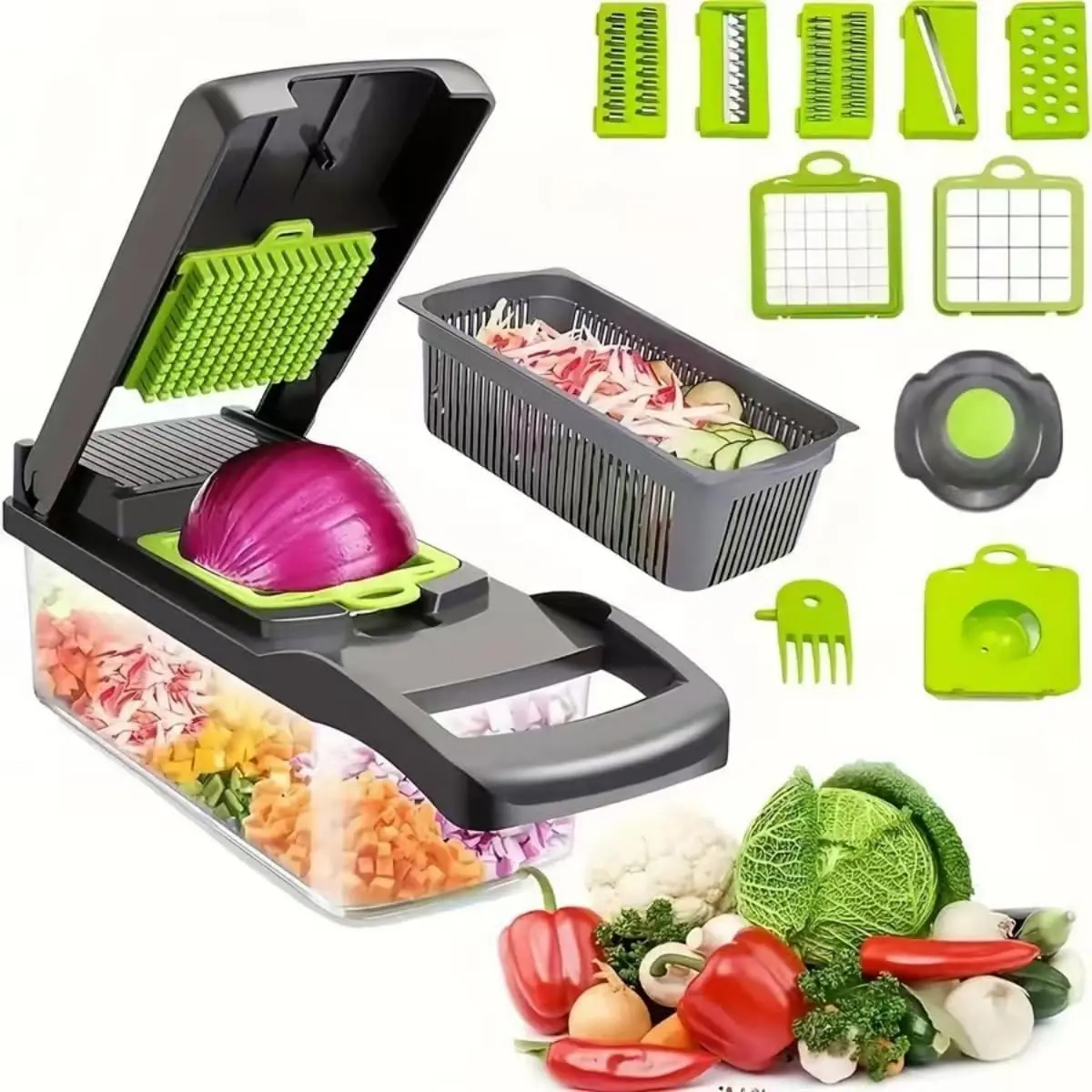 14-Piece Interchangeable Multifunctional Manual Vegetable Chopper Set - Stainless Steel Blades, Large Cap Collector, Egg Separator, Grate Veggies Fast, User-Friendly, Easy to Clean, Reduces Prep Time for Home Cooking, Supports Healthy Life, Kitchen, User-