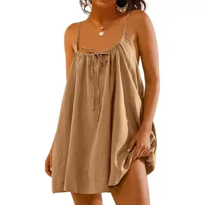 Imily Bela Womens Spaghetti Strap Swimsuit Coverup Summer Linen Tie Backless Sleeveless Beach Cami Mini Dress with Pockets