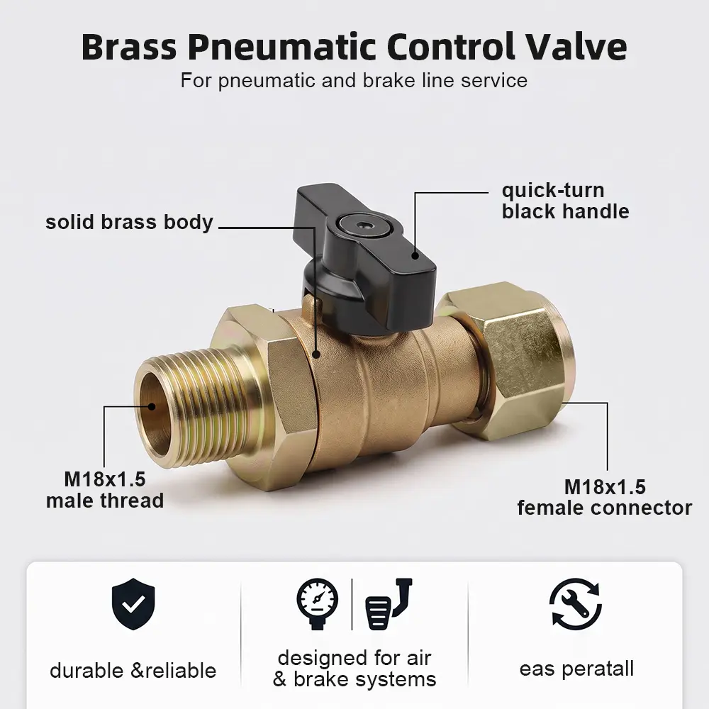 Rust-Resistant Heavy Duty Brass Front Air Brake Pressure Cut-Off Valve Body, 1-Piece M18x1.5 Threaded with Exhaust Port Hardware, Semi Trailer Emergency Repairs Replacement Upgrade Tool