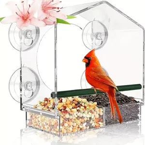 Acrylic transparent bird feeder, wall-mounted, adhesive type, compact feeder specifically designed for bird cages.