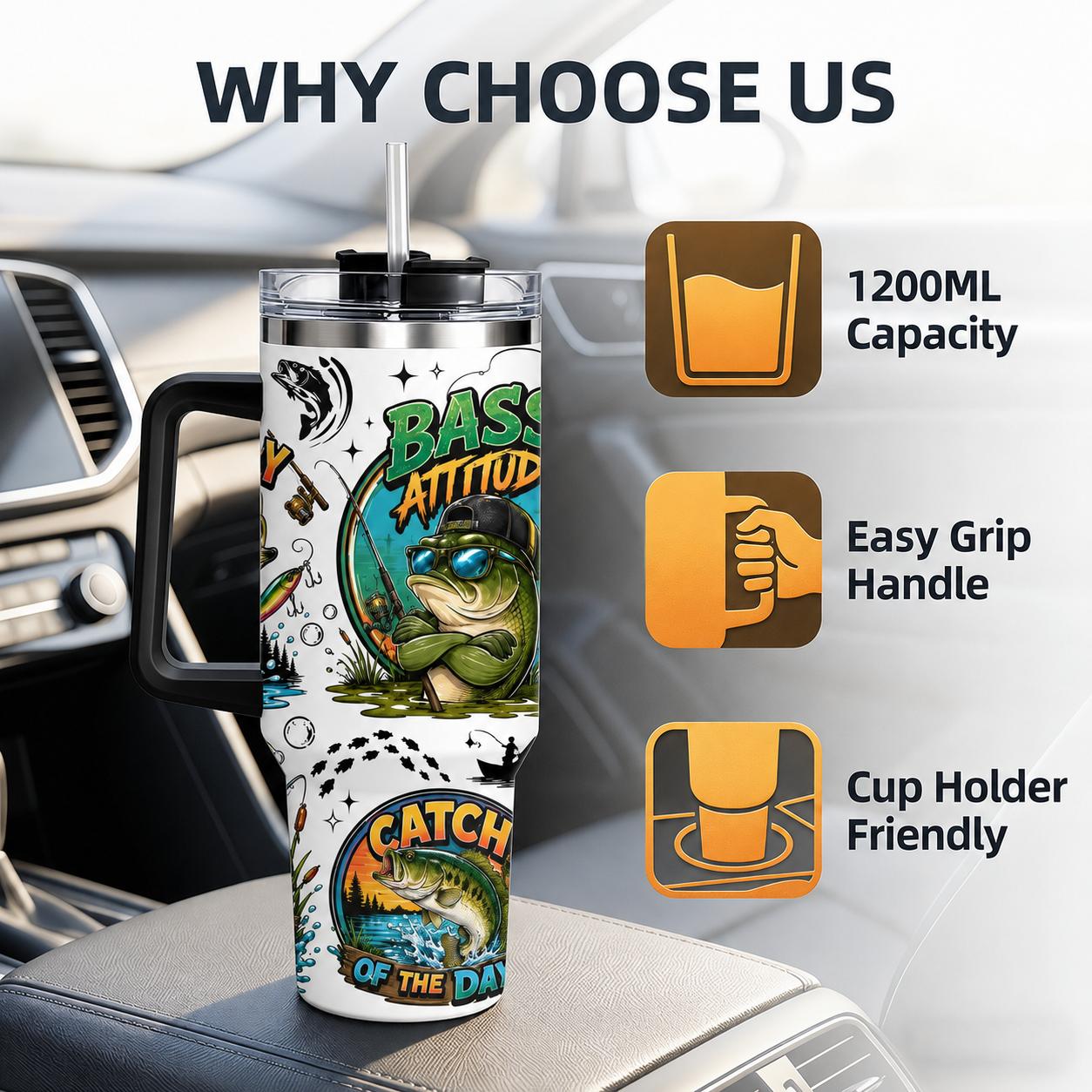 GuLuBoo Bass Fishing Vacuum Flasks 40oz Stainless Steel Insulated Tumbler, Leak-proof Travel Mug with Straw, Portable Water Bottle for Coffee, Gym & Office, Creative Drinkware Cup Ideal Holiday Gift