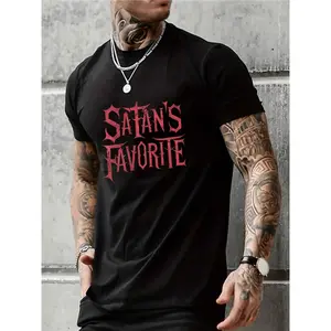 Men's Plus Size Gothic Satan's Favorite T-Shirt - White with Red Devil Lettering & Pentagram Design, Casual Short Sleeve Round Neck Tee for Heavy Metal Fans, Style pparel, Mens Tshirt, Christmas, Halloween, T Shirt, T Shirt Men, Funny Shirt, Funny Tshirts