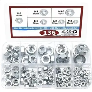 136Pcs 304 Stainless Steel Nylon Insert Lock Nut Assortment Set, Anti-loose Self-locking Hexagonal Nuts, Universal Standard Thread Locking Nuts, Multi-size Including M3 M4 M5 M6 M8 M10 M12, Wear-resistant Rust-proof Hardware Fasteners for Household