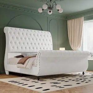 Velvet Upholstered Platform Sleigh Bed Frame With Scroll Headboard & Footboard, Button Tufted, No Box Spring Needed