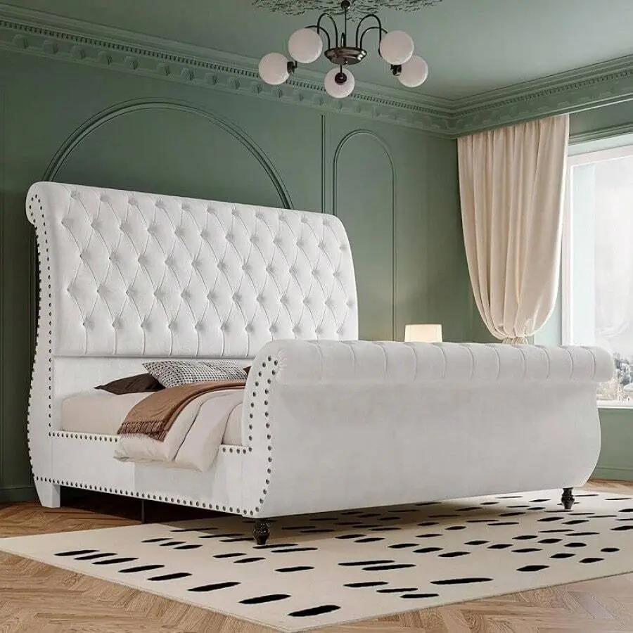Classic Velvet Upholstered Platform Sleigh Bed Frame, Scroll Headboard & Footboard, Button Tufted, No Box Spring Needed