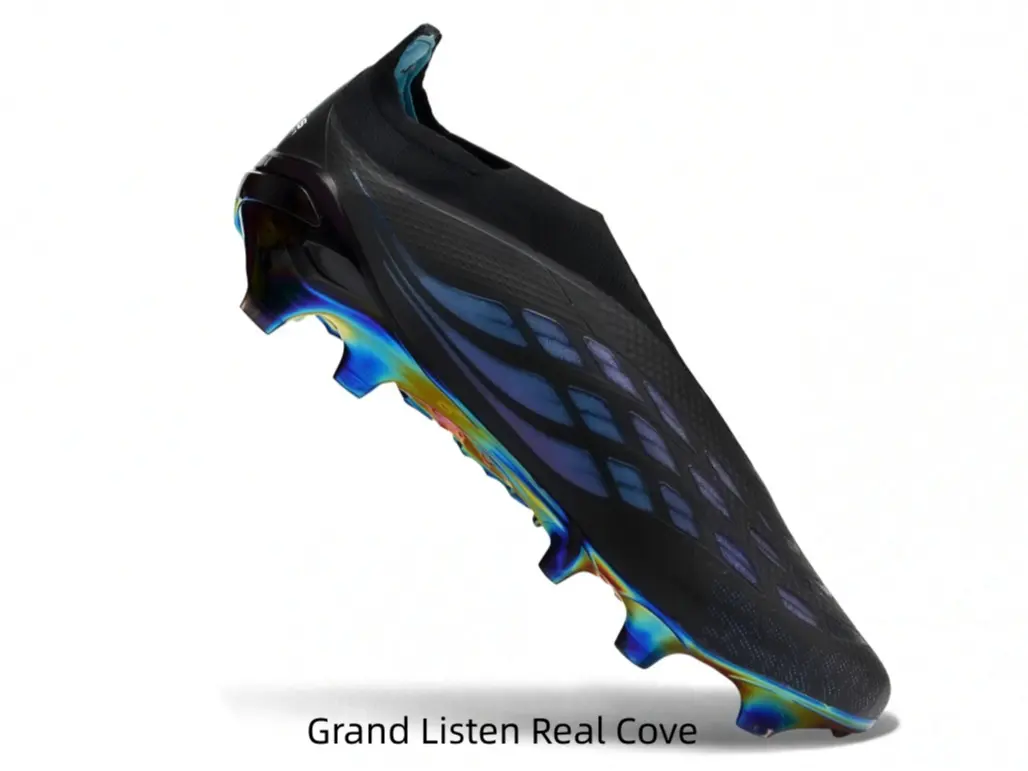 All black laceless soccer cleats with iridescent rainbow gradient side print & multi-color translucent studs