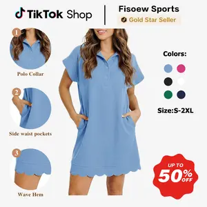 Fisoew Sports Womens Summer T Shirt Mini Dress Short Sleeve Collared V Neck Button Loose Active Dresses with Pockets Casual Wear Womenswear
