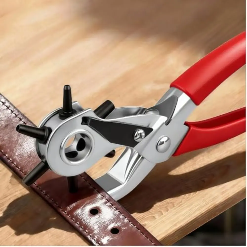 1pc Heavy Duty Faux Leather Belt Metal Hole Punch Pliers Rotary Steel Hand Tool with Red Rubberized Grip for Belts, Sewing Projects, Crafting & DIY Tools
