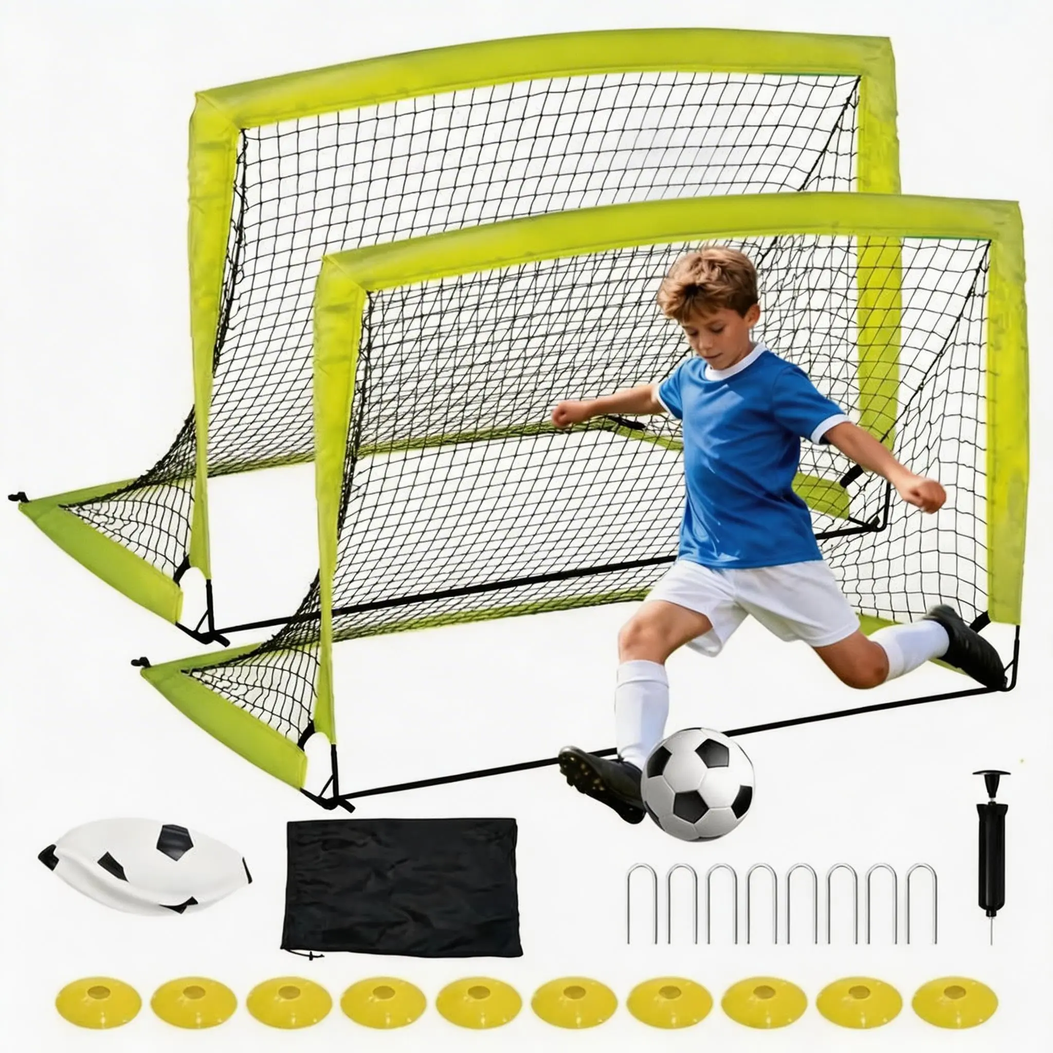 2 Pack 6' x 4' / 1 Pack  Pop Up Soccer Goals for Backyard – Portable Soccer Nets with Soccer Ball, Cones & Ground Stakes – Complete Practice Equipment for Training & Competitive Play